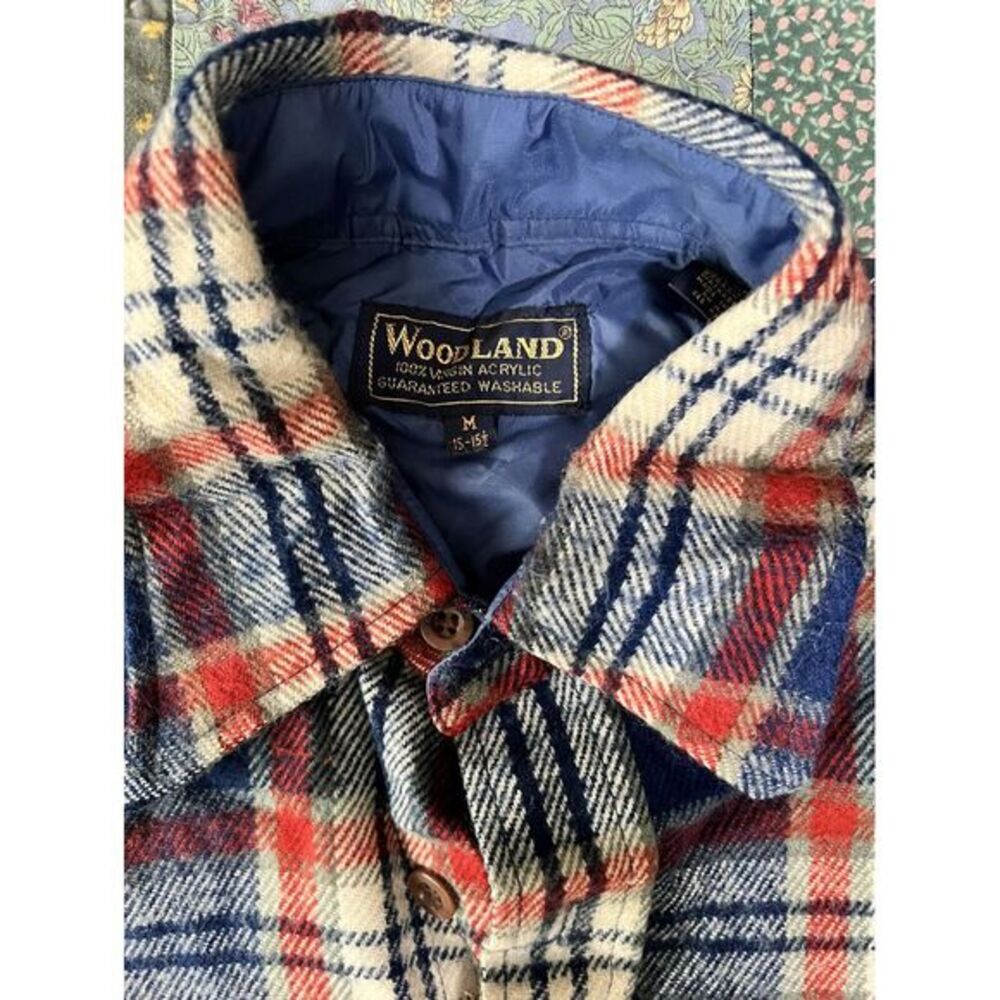 Woodland Men Size Med- 15-15.5 Virgin Acrylic Flannel Shirt Red Blue White Plaid